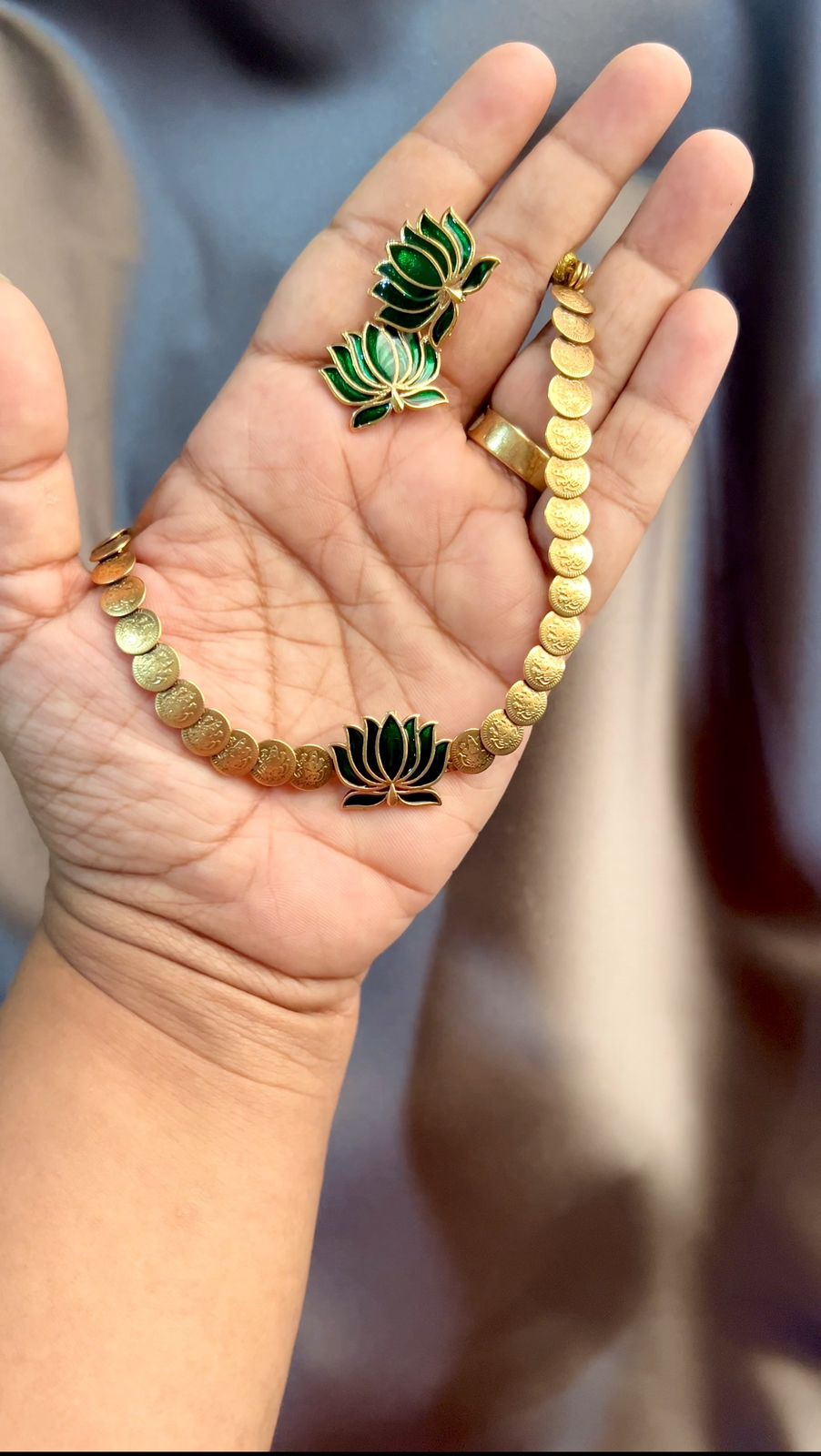 Coin necklace with GREEN lotus pendant