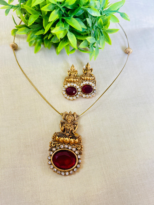 Invisible chain with Red AD stone Lakshmi pendant