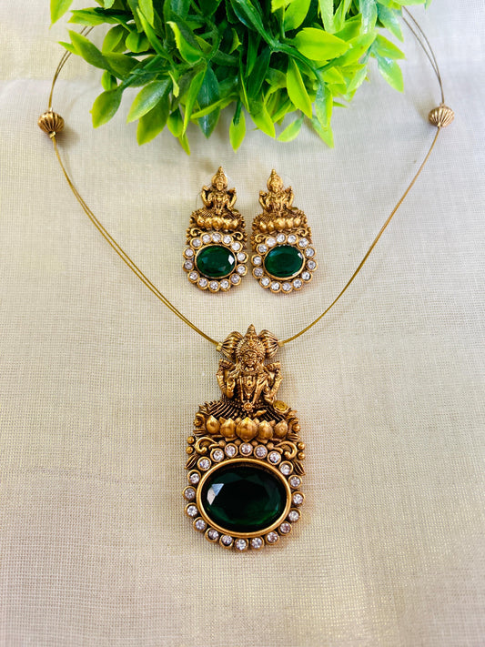 Invisible chain with Green AD stone lakshmi pendant